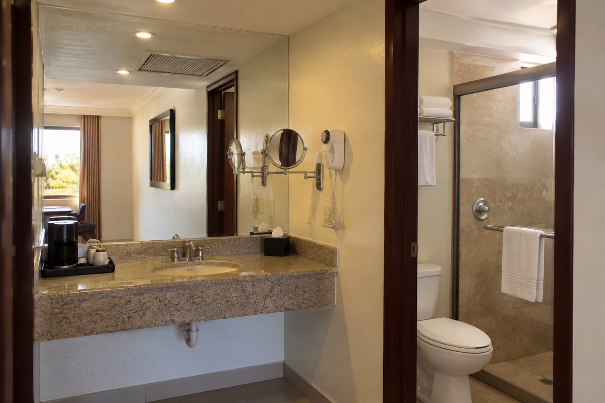Baño de la habitación doble clásica: tocador de granito, espejo de aumento y regadera de cancel