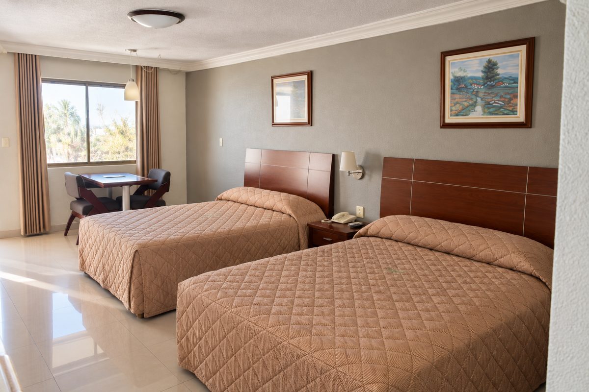 Habitación doble clásica: dos camas con cabecera de madera, mesa junto a la ventana y cuadros de paisaje